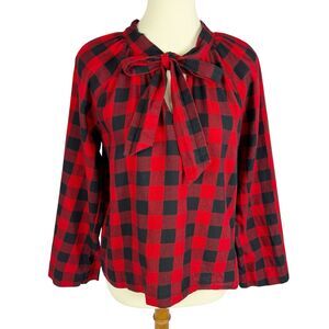 Madewell Red Black Buffalo Plaid Cotton Tie Neck Long Sleeve Top Women’s Medium